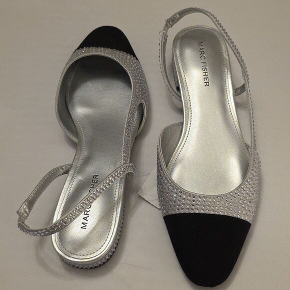 BRAND NEW MARC FISHER RHINESTONE  EMBELLISHMENT BLACK & SILVER SLINGBACK FLATS - Picture 15 of 16